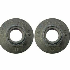 A pair of metal wheels with numbers on them.