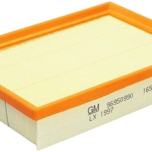 A yellow and orange filter is sitting on top of a white box.