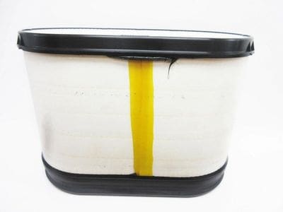 A white and black container with yellow stripe on it.