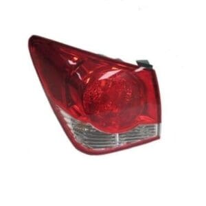 A red and white car tail light on a white background