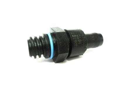 A black hose connector with blue stripe on it.