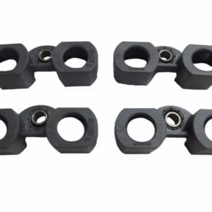 A set of four black plastic clamps with one metal eye.