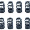 Row of metal coil springs on white background.